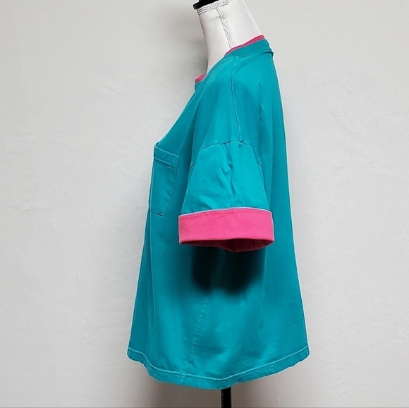 VINTAGE 90s Teal Hot Pink Oversized Boxy Cut Cuffed Short Sleeve Cropped Tee - Picture 9 of 13